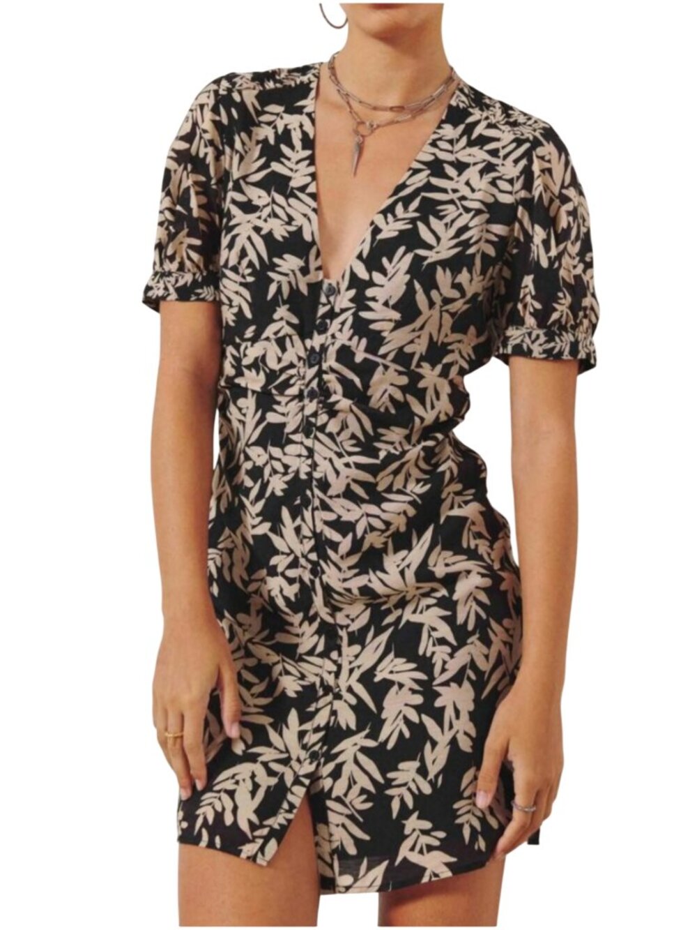 ba&sh Tais Dress in black print size L large mini short sleeve button leaf